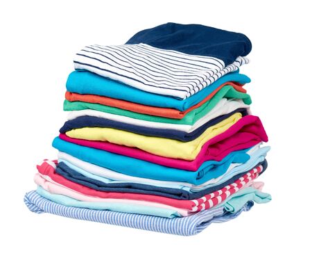 Stack of clothes, fresh laundry textile. Isolated on white background. Stock Photo