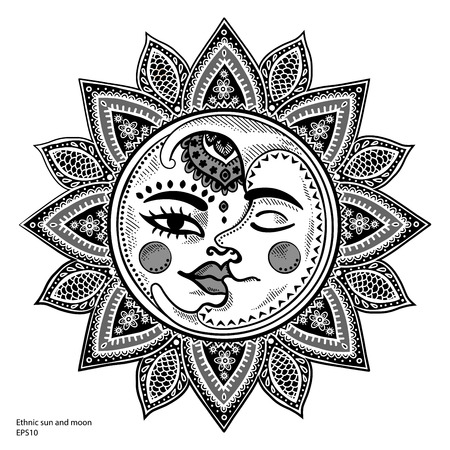 月と太陽 ヴィンテージスタイルのベクトルイラストのイラスト素材 ベクタ Image