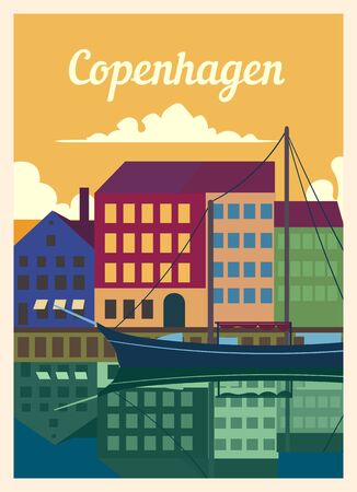 Retro poster copenhagen city skyline. copenhagen vintage, vector illustration. Banco de Imagens