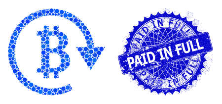 Bitcoin repay vector composition of dots in variable sizes and blue color shades, and scratched paid in full stamp. blue round sharp rosette badge contains paid in full caption inside. Bitcoin repay vector composition of dots in variable sizes and blue color shades, and scratched paid in full stamp. blue round sharp rosette badge contains paid in full caption inside.