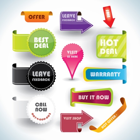 Special offer and warranty labels and stickers in vibrant color variations