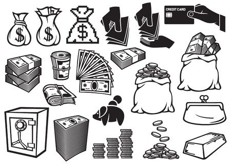 Bag of gold coins: biểu tượng tiền thiết lập tài chính hoặc ngân hàng biểu tượng, túi tiền, túi đựng tiền xu, tay đưa tiền, an toàn, vàng thỏi, cuộn tiền, chồng lớn về tiền bạc, chồng tiền xu, thẻ tín dụng, ví cũ, con heo đất Hình minh hoạ