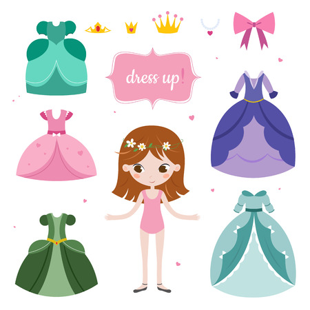 Illustration of princess with beautiful set. princess dress up game. Stock Photo