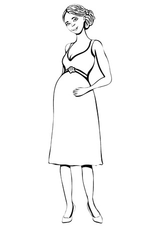 Femme Enceinte Vecteur Contour Dessin A La Main Coloriage Croquis Portrait Noir Et Blanc D Une Femme Enceinte Avec Gros Ventre Pleine Longueur Dessine Future Mere En Robe Isole Sur Fond Blanc Clip