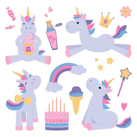 cute unicorns set with magical elements and wand royalty free