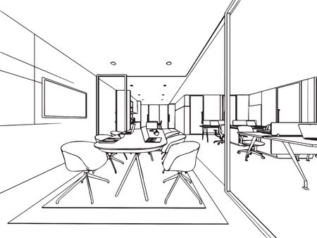 interior outline wireframe sketch drawing perspective office perspective office
