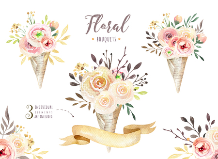 手書きは 自由奔放に生きる葉 枝 花と花のイラストを水彩画を分離しました ビンテージ スタイルの芸術の自由奔放な緑 ウェディング カードの要素 の写真素材 画像素材 Image