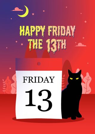 Illustration of a black cat sitting next to a calendar date 13 on a mysterious red background
