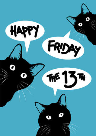 Illustration of happy superstition, friday the 13th with funny cat face on blue background