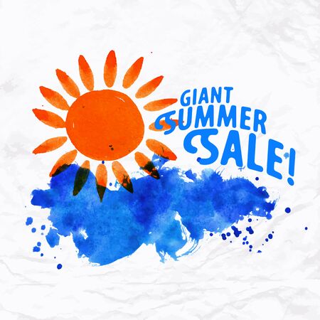 海の波とライジングサン水彩ベクトル 様式化された手描きのイラストやテキストの背景 のイラスト素材 ベクタ Image