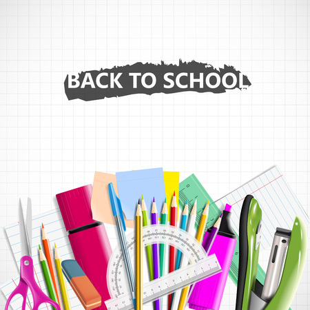 戻る学校の背景に黒板 供給 文具機器 ベクトルのリアルなイラストのイラスト素材 ベクタ Image