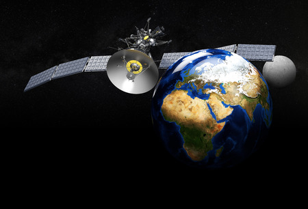 3d illustration of satellite orbiting earth on black background