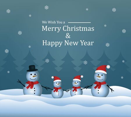 Illustration of a family of snowman holding hands and looking happy. natural scenery in winter. we wish you a merry christmas and happy new year greeting. cute snowman. Stock Photo