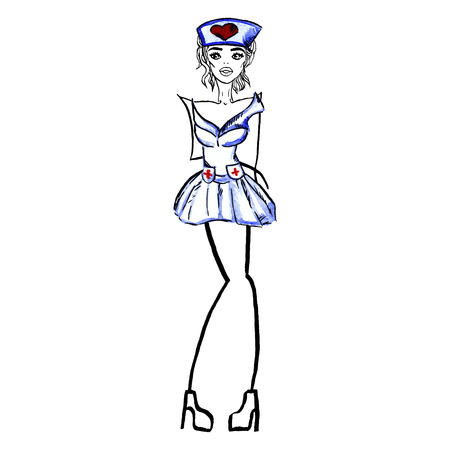 赤十字と白の背景上の頭の上の帽子と医療看護師制服衣装で一人の女性の美しい性的バレンタイン日ベクター イラストのイラスト素材 ベクタ Image