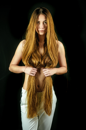 Woman With Stylish Long Hair And Naked Chest Girl Has No