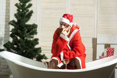 Christmas Man With Beard Waiting Hipster Santa At Tree Drink Wine Loneliness Christmas Man With Beard Waiting Hipster Santa At Tree Drink Wine Loneliness