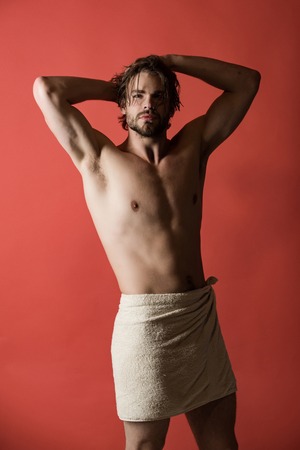 Hygiene Sexy Guy Wash Spa Relax Man With Wet Hair Hold Towel Hygiene Sexy Guy Wash Spa Relax Man With Wet Hair Hold Towel