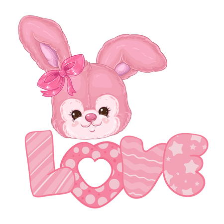 Cute pink fluffy bunny word love. children's character. valentine's day bunny.