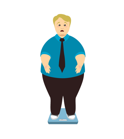 Overweight pained man weighed on scales. Vector illustration - 96892150