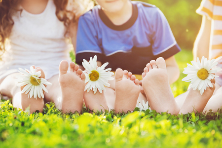 Children feet with daisy flower on green grass in a summer park. Фото со стока
