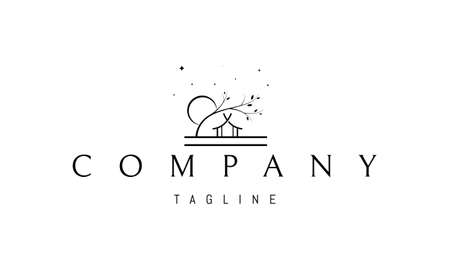 Vector logo on which an abstract image of a leaning sakura over a house against the backdrop of the moon.