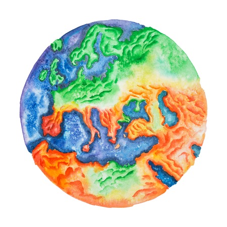 ヨーロッパの地形図の手描き水彩イラスト 宇宙から地球を見る の写真素材 画像素材 Image