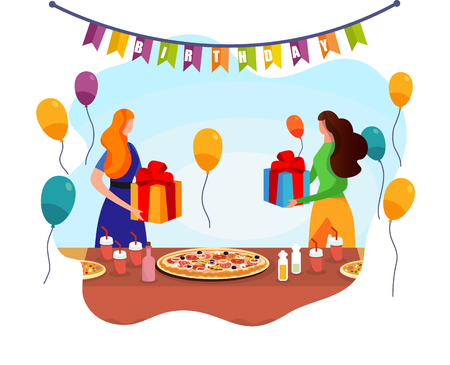 Birthday Celebration. Surprise Present. Adorable Women Swapping with Gifts near Table with Pizza and Drinks with Colorful Balloons Around and Flag Garland Above. Cartoon Flat Vector Illustration. Icon Vector Illustration