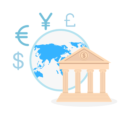 International money exchange vector illustration foreign currency loan offer world map and bank global banking system advertising dollar euro yen and gbp symbols worldwide transactions