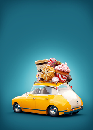 お菓子とコーヒーの上にかわいい幻想的なレトロな車 ペストリーの概念 3 D イラスト の写真素材 画像素材 Image
