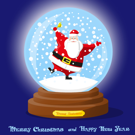 Cute glass snow globe. snowflakes and dancing funny santa claus. merry christmas and happy new year souvenir. cartoon style. concept design poster, banner, flyer, greeting card. vector illustration Vector Illustration