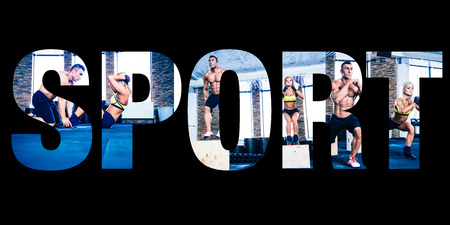 conceptual collage of sports photos in the form of the word sport