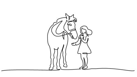 Continuous one line drawing. girl feeding horse with apple. black and white vector illustration.