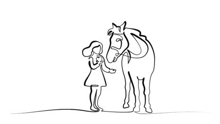 Continuous one line drawing. girl feeding horse with apple. black and white vector illustration.