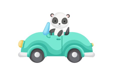 Cute panda driver on car. graphic element for childrens book, album, scrapbook, postcard or mobile game. flat vector illustration isolated on white background.