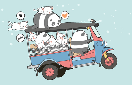 Drawn kawaii cats and panda on motor tricycle