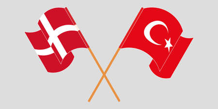 Crossed and waving flags of turkey and denmark. vector illustration