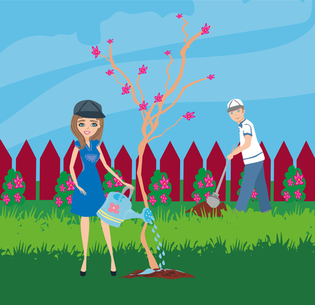 planting trees in the garden Иллюстрация