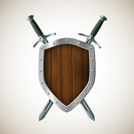 ベクトル図の現実的な黄金剣と鉄赤背景に盾を構えた のイラスト素材 ベクタ Image