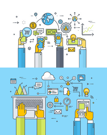 ソーシャル ネットワーク ソーシャル メディア モバイル ビジネスの細い線フラット デザイン バナー広告のセットです ウェブのバナーや販促資料のベクター イラストです のイラスト素材 ベクタ Image