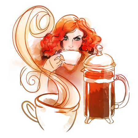 美しい赤毛の女の子が朝熱いコーヒーやお茶を飲んだします 水彩イラスト のイラスト素材 ベクタ Image 美しい赤毛の女の子が朝熱いコーヒーやお茶を飲んだします 水彩イラスト のイラスト素材 ベクタ Image