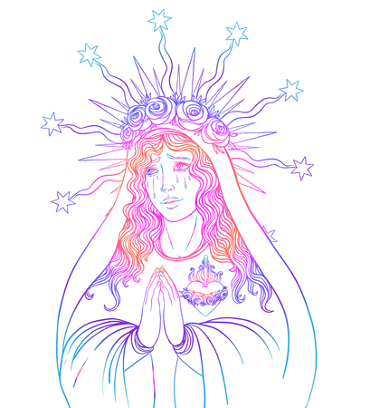 悲しみの女性 天の女王 聖母マリアの無原罪の心への献身 ベクトル図は 白で隔離 大人のための塗り絵 のイラスト素材 ベクタ Image 悲しみの女性 天の女王 聖母マリアの無原罪の心への献身 ベクトル図は 白で隔離 大人のための塗り絵 のイラスト素材 ベクタ Image