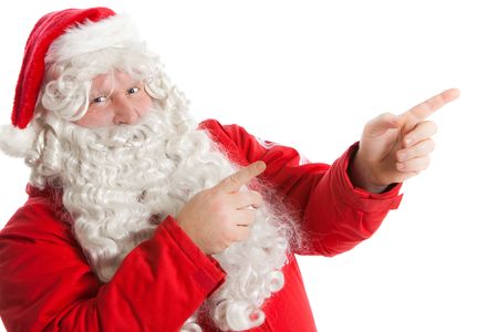 Funny santa claus showing in right direction with two fingers Stock Photo