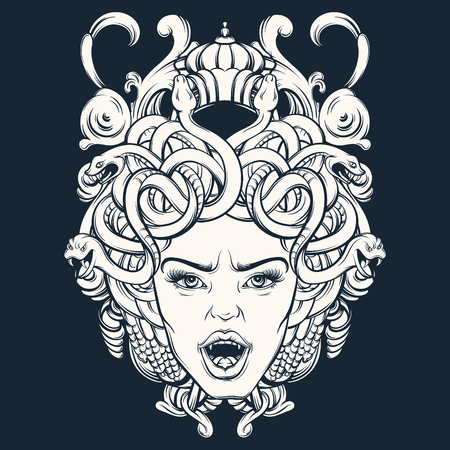 バロック様式のフレームと Gorgone のベクトル イラストは 手で描かれたスタイルを作った キャラクター デザイン タトゥーと神話の芸術 カード ポスター バナー T シャツの印刷のテンプレートです のイラスト素材 ベクタ Image