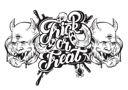 お菓子をくれないといたずらするよ 手書きの文字表記の背景を引用します 手には ジャック ランタン 幽霊 クモ 人間の頭蓋骨のイラストが描かれました カード ポスター バナー T シャツの印刷のテンプレートです のイラスト素材 ベクタ Image