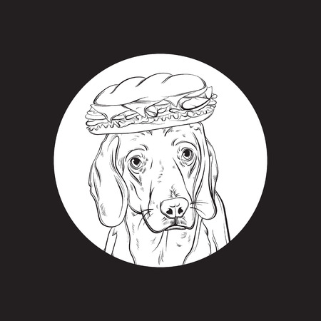ベクトル手描きのビーグルのリアルなイラストをサンドイッチで描きます 悲しい目をした悲しい犬の肖像 カードポスターバナーとtシャツの印刷用テンプレート のイラスト素材 ベクタ Image
