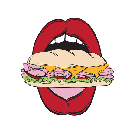 手描きのラインポップアートで作られたサンドイッチで開放された女性口のベクトルイラストがリアルなスタイル Tシャツ用カードバナーフライアープリント用テンプレート のイラスト素材 ベクタ Image 手描きのラインポップアートで作られたサンドイッチで開放された女性口のベクトルイラストがリアルなスタイル Tシャツ用カードバナーフライアープリント用テンプレート のイラスト素材 ベクタ Image