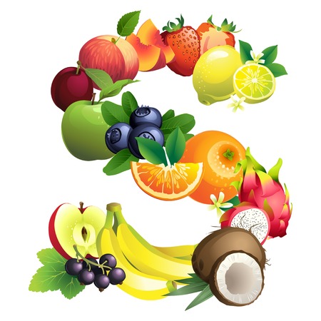 vector illustration letter s composed of different fruits with 6 letter fruit
