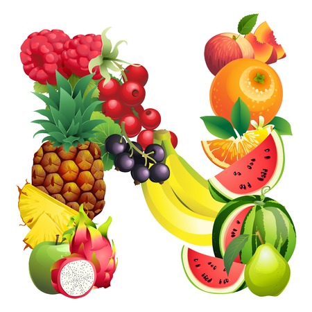 vector illustration letter h composed of different fruits with 6 letter fruit