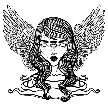 神秘的な天使や 3 つの目を持つ少女の形で死の悪魔の肖像画 女の子の突然変異体のベクトル イラスト 3 つすべてを見通す目を持つ Oracle 線形のタトゥーの図 のイラスト素材 ベクタ Image