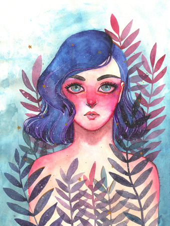 青い髪を持つ不気味な超自然的な少女 森の中で妖精の水彩イラスト シダの茂みの女性 漫画のかわいい女の子 子供のイラスト の写真素材 画像素材 Image